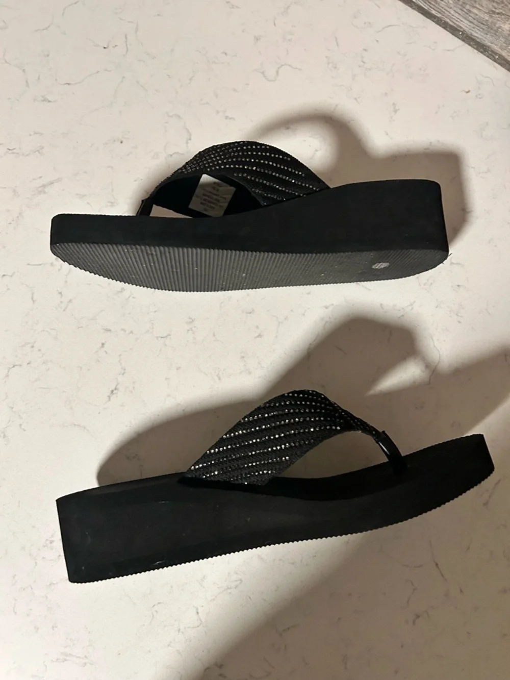 Kelly & Katie Black Wedge Flip Flop Thong Platform Sandal with Rhinestone Accent - Picture 10 of 16